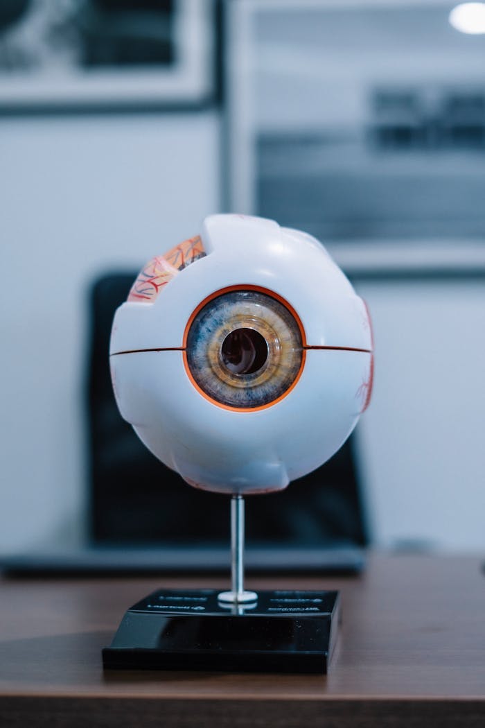 services-05 Detailed anatomical eye model displayed indoors on a desk in an educational setting.